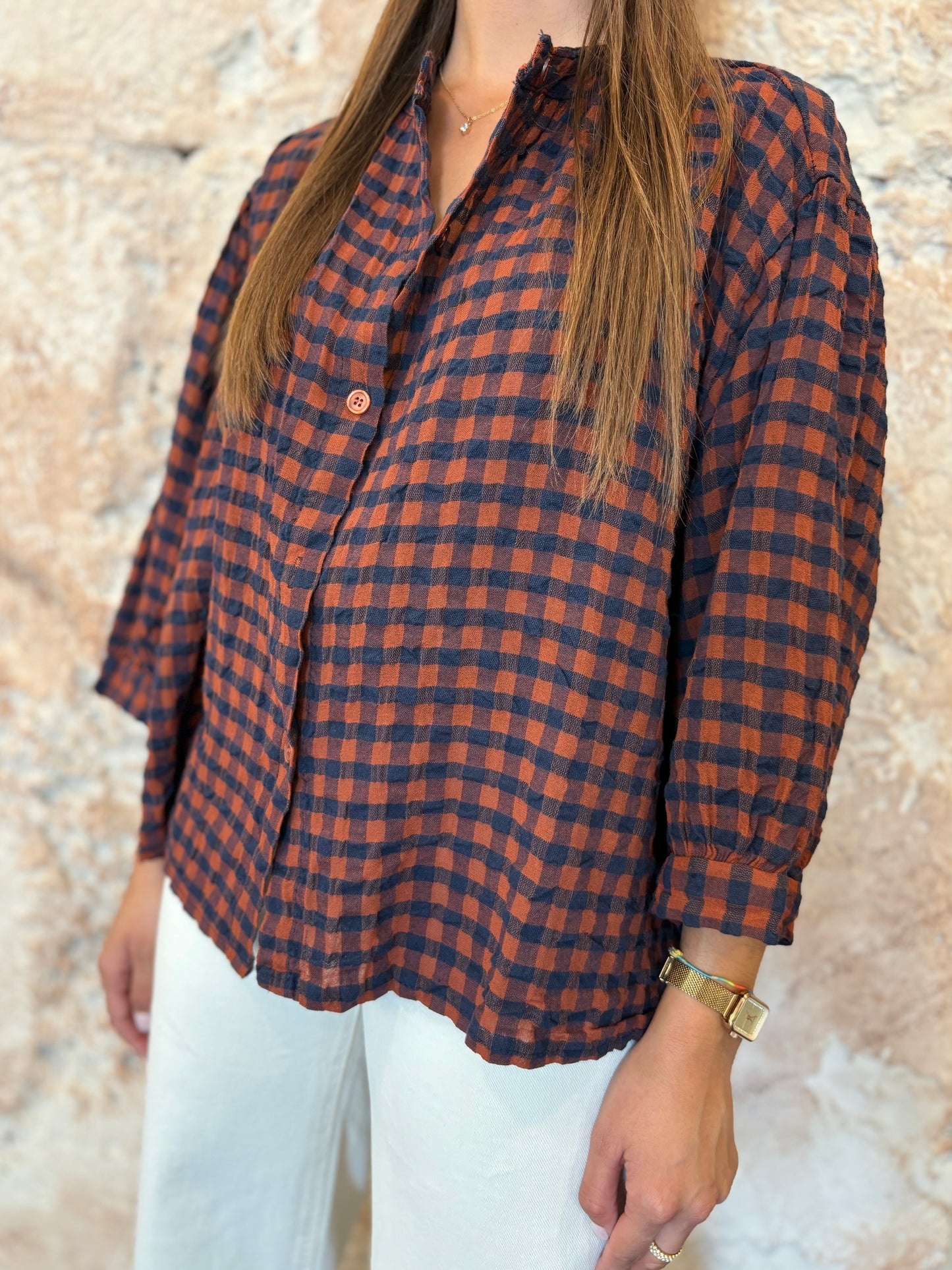 CAMISA CUELLO MAO VICHY TEJA-MARINO