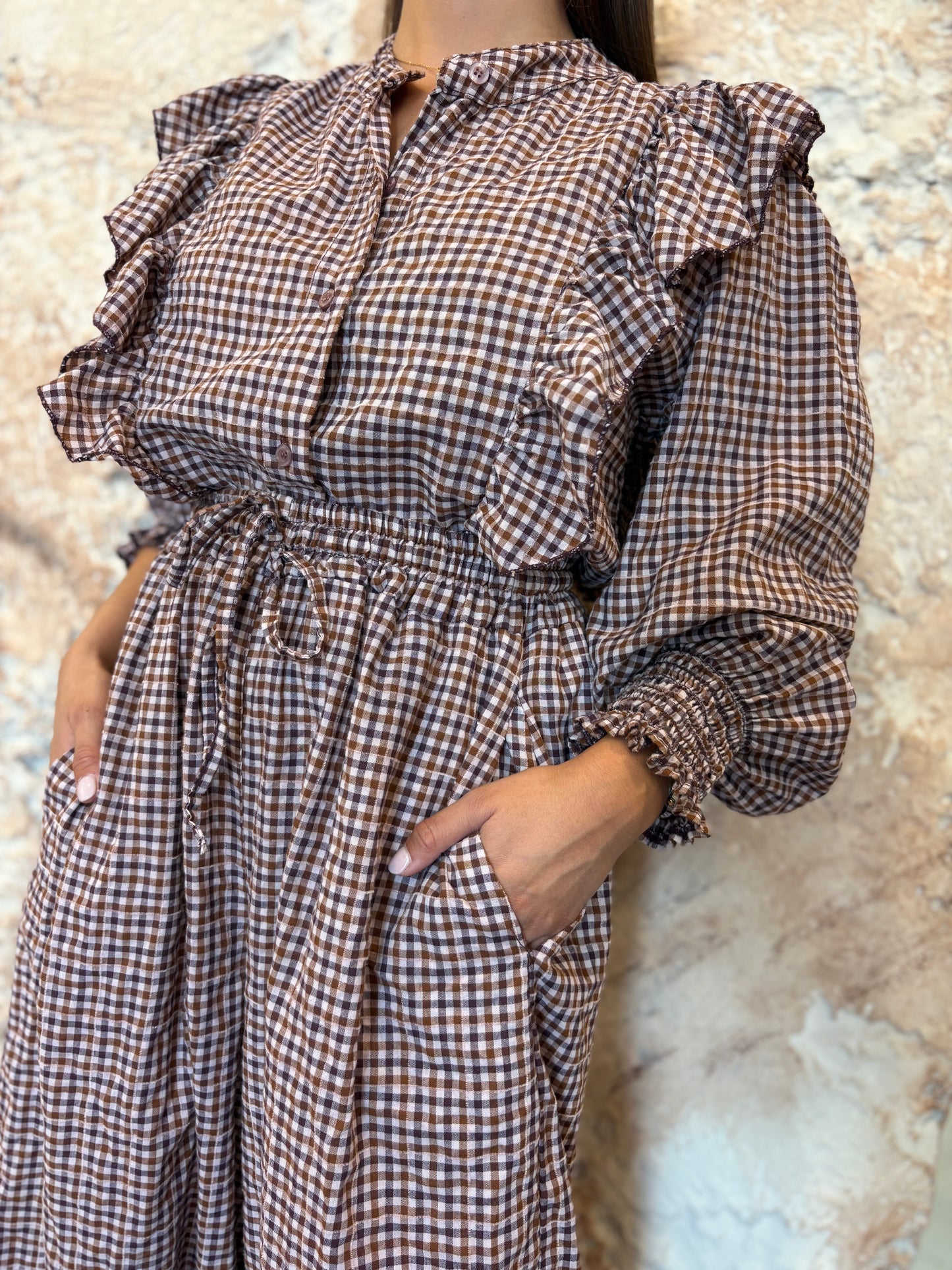 CONJUNTO CAMISA VOLANTE Y PANTALON BOMBACHO VICHY MORADO