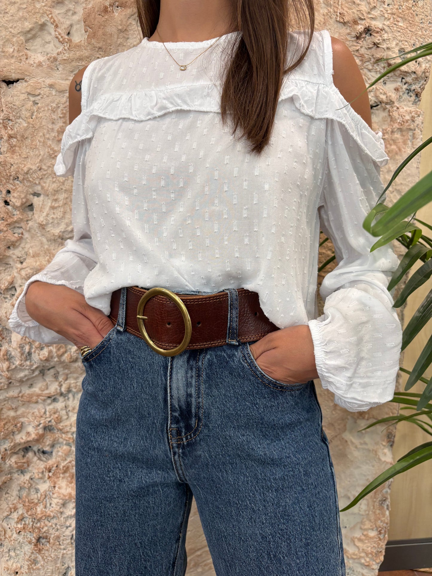 BLUSA BLANCA GLITTER HOMBRO DESCUBIERTO