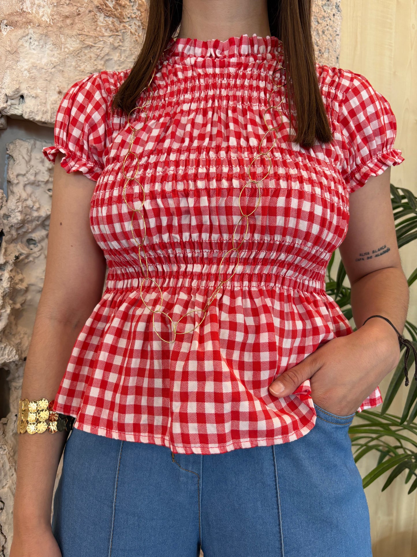 BLUSA PANEL ABEJA VICHY ROJO