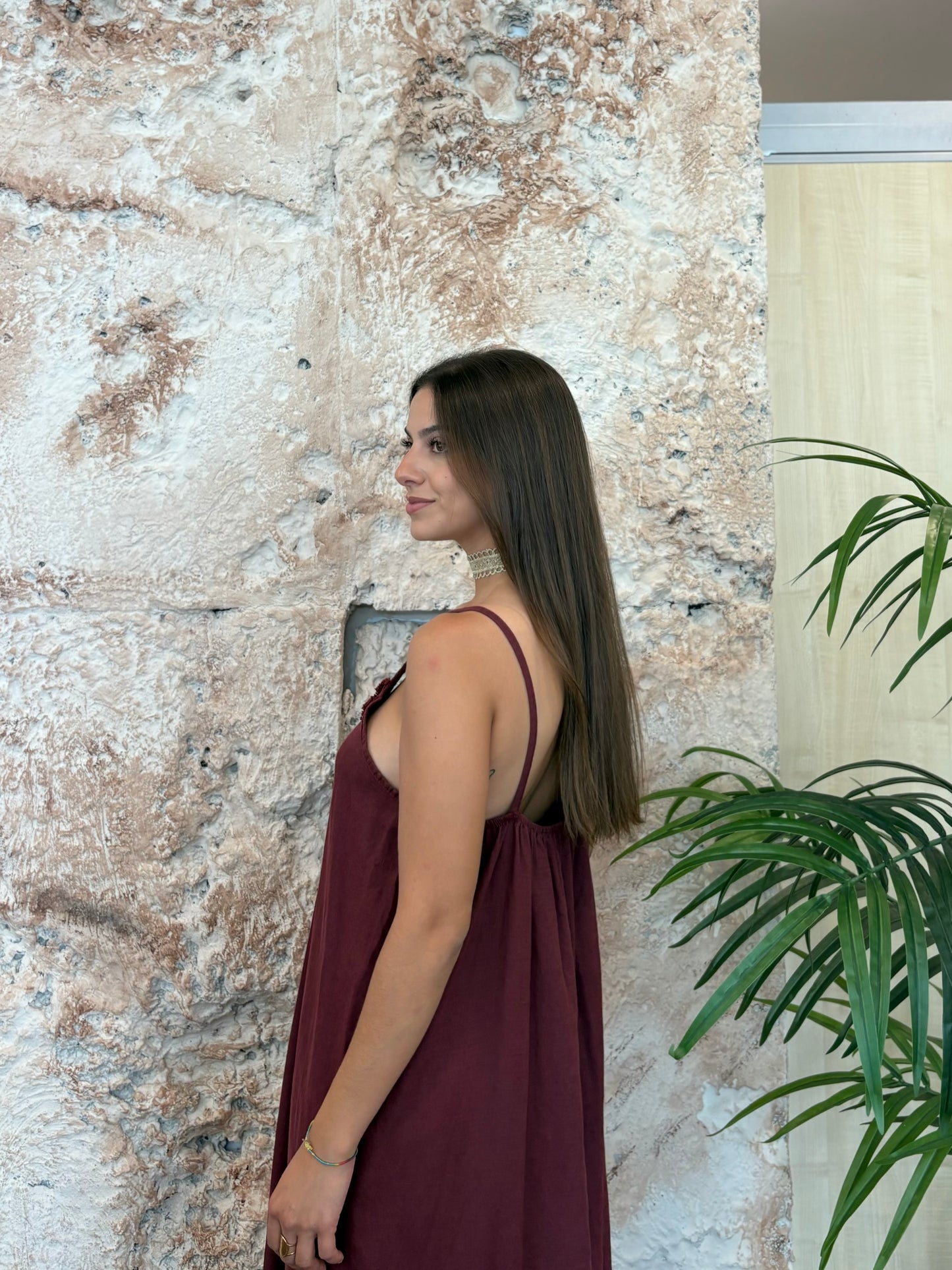 VESTIDO LINO TIRANTE DETALLE DESFLECADO MORADO