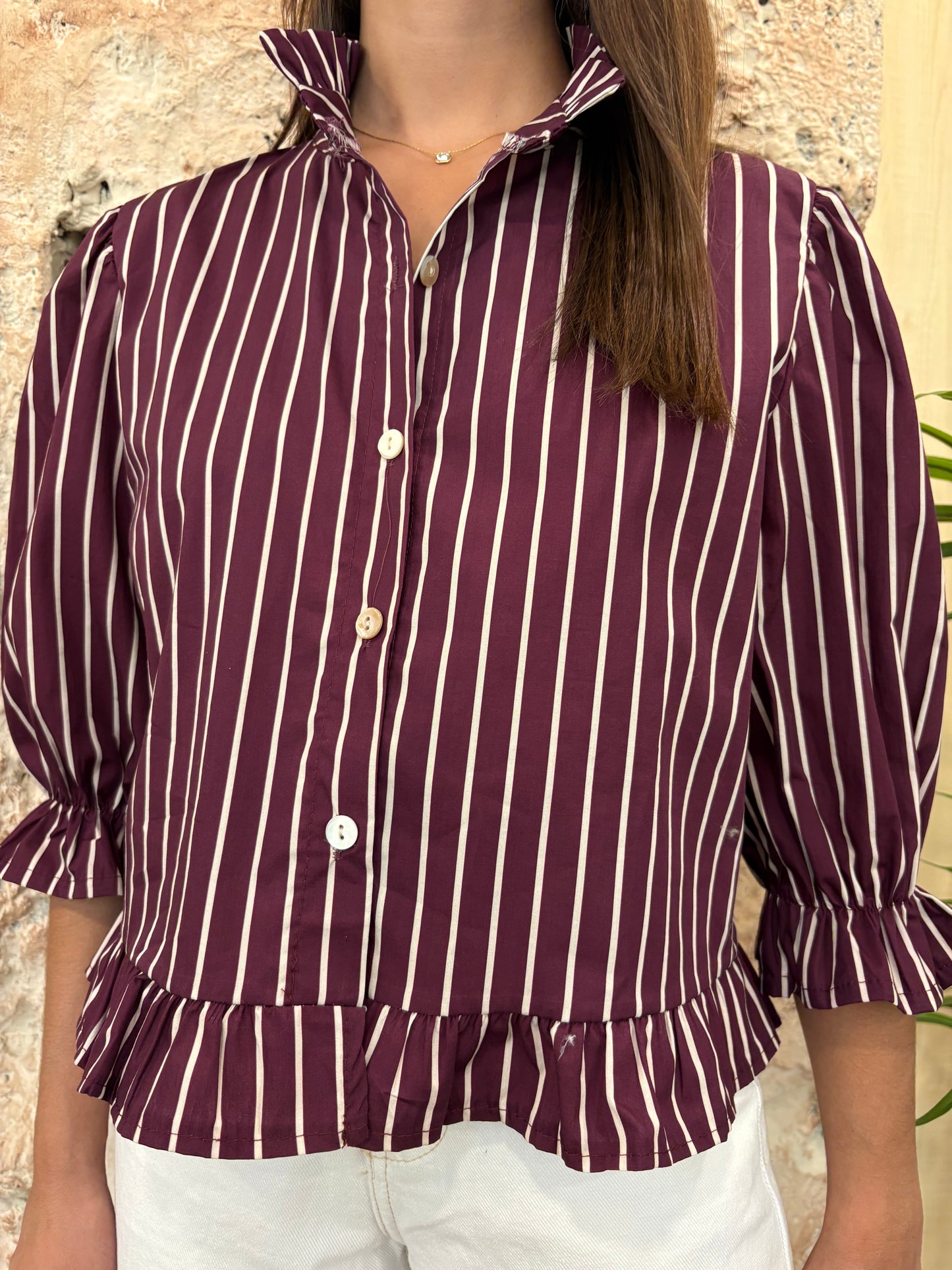 CAMISA CUELLO RIZO MORADA RAYAS