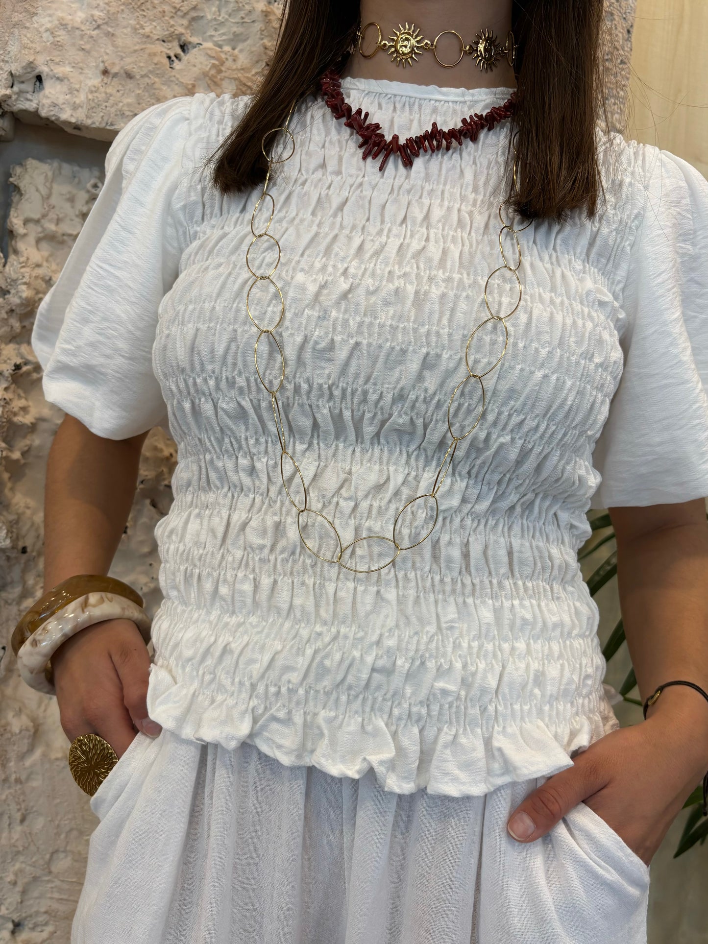BLUSA PANEL ABEJA BLANCA MANGA ABULLONADA