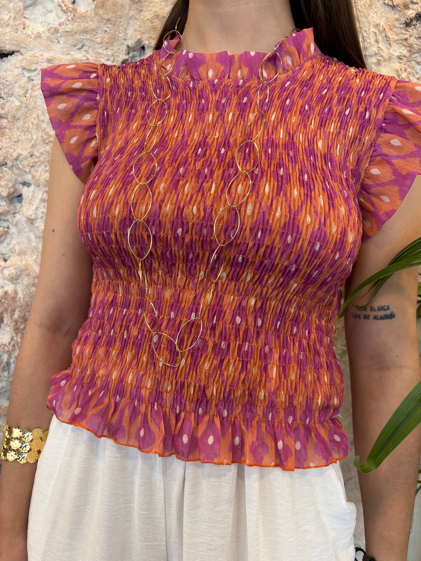 BLUSA PANEL ABEJA ESTAMPADA FUCSIA-NARANJA