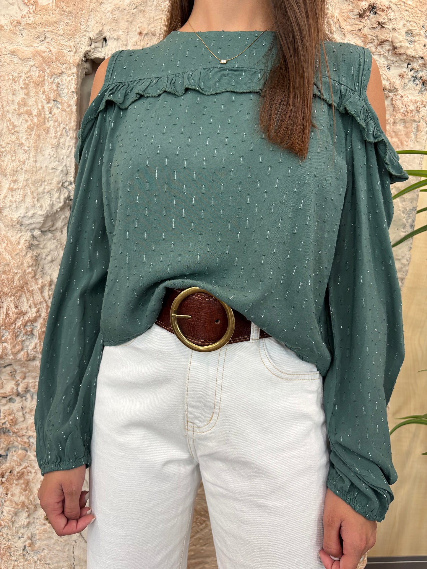 BLUSA VERDE GLITTER HOMBRO DESCUBIERTO
