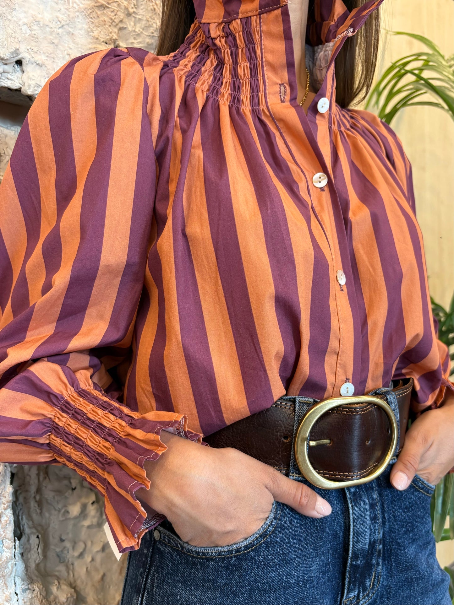CAMISA RIZO RAYAS NARANJA-MORADO
