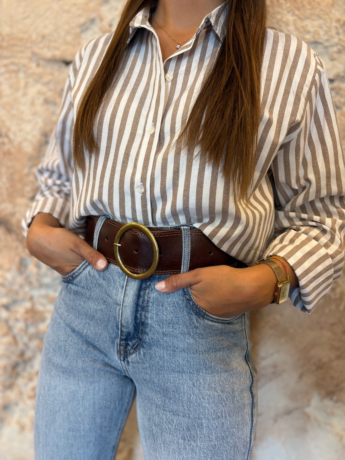 CAMISA OVERSIZE OXFORD RAYAS MARRÓN