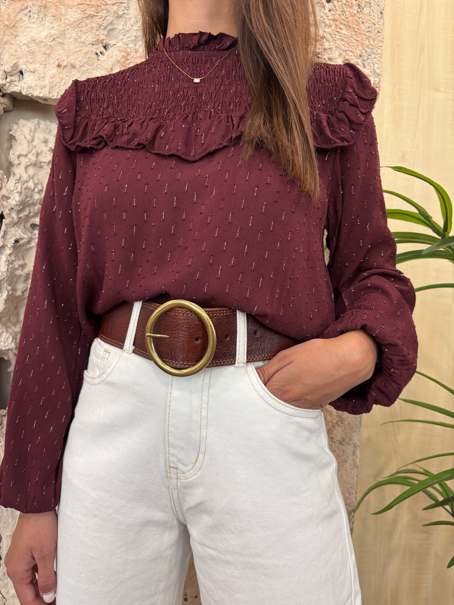 BLUSA BURDEOS PANEL GLITTER