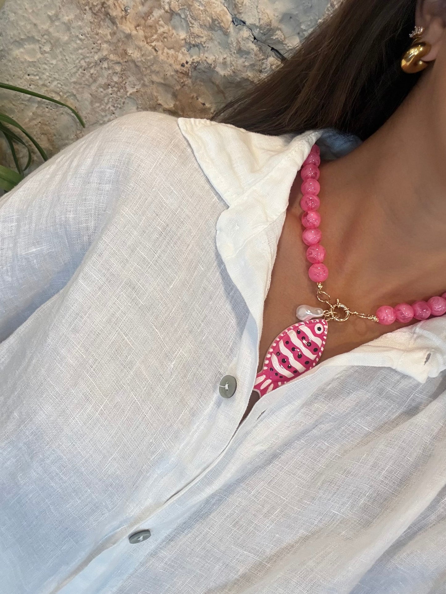 COLLAR BOLAS ROSA ABALORIO PEZ RAYAS ROSA