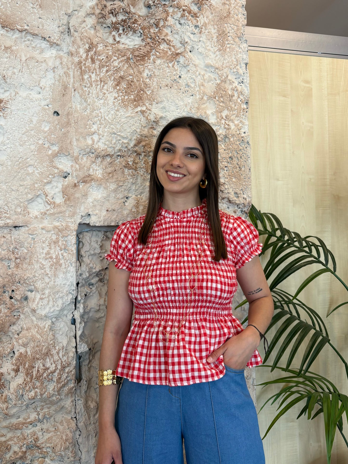 BLUSA PANEL ABEJA VICHY ROJO