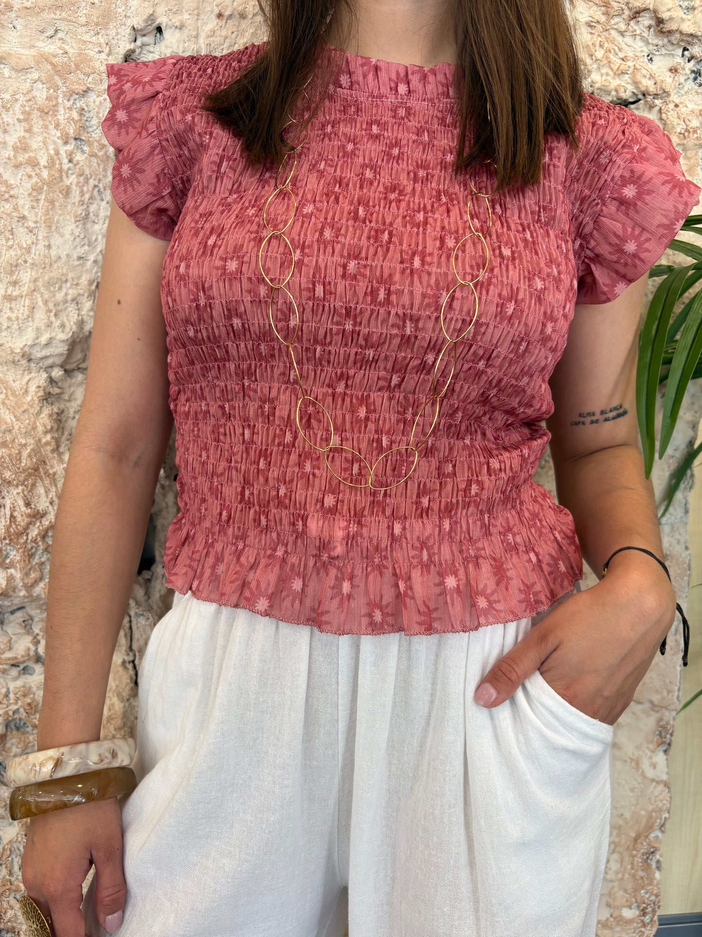 BLUSA PANEL DE ABEJA ESTAMPADO CORAL