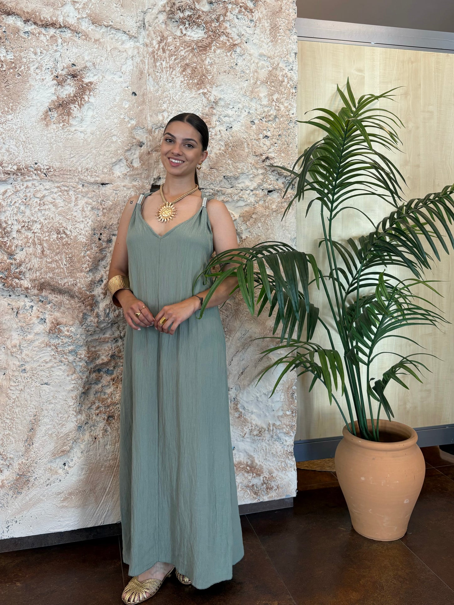 VESTIDO LARGO EFECTO BAMBULA KAKI