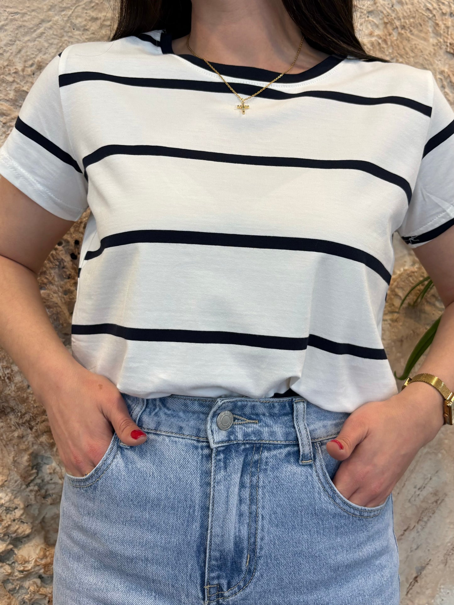CAMISETA MANGA CORTA BLANCA RAYAS MARINO