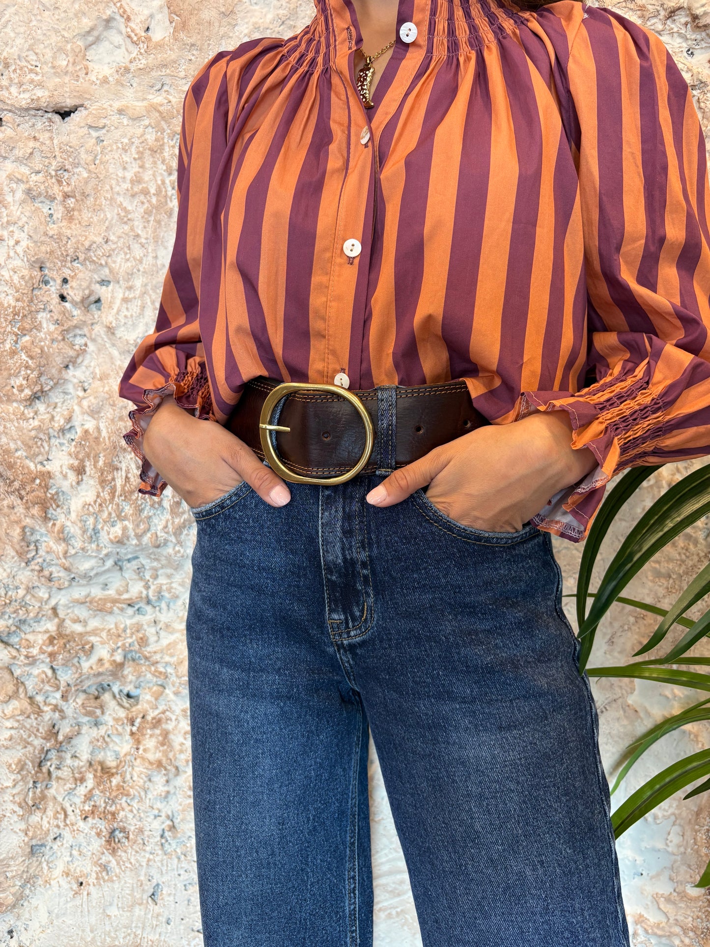 CAMISA RIZO RAYAS NARANJA-MORADO