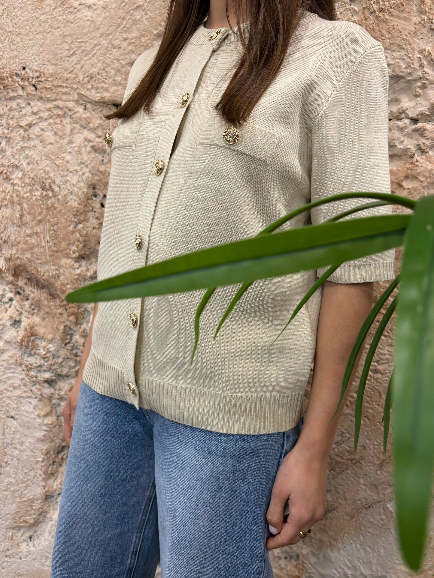 CARDIGAN MANGA CORTA BOLSILLO BEIGE