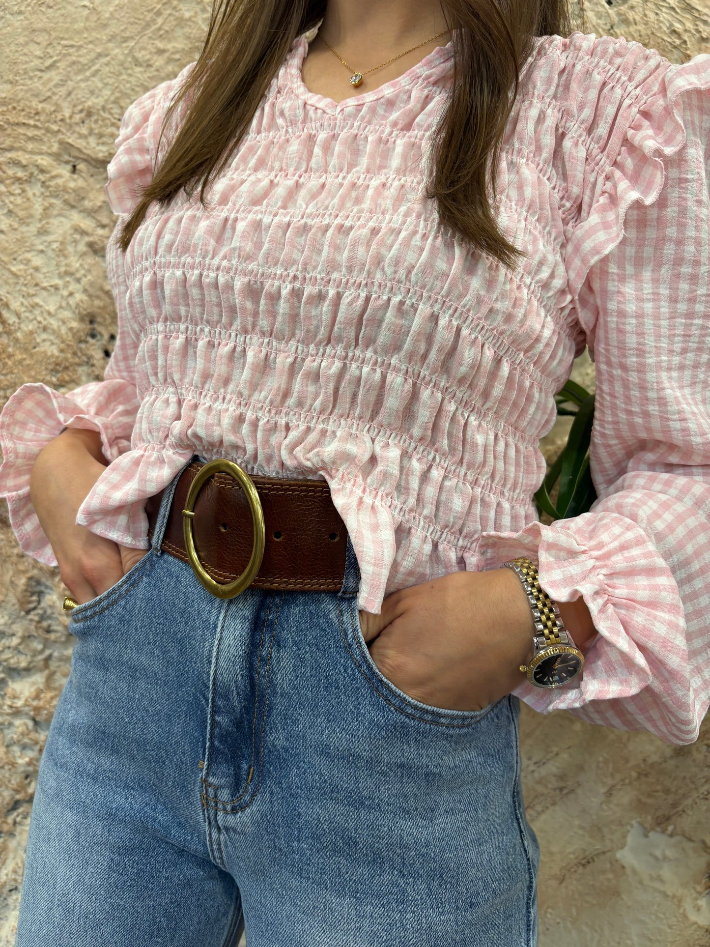 BLUSA PANEL DE ABEJA VICHY ROSA