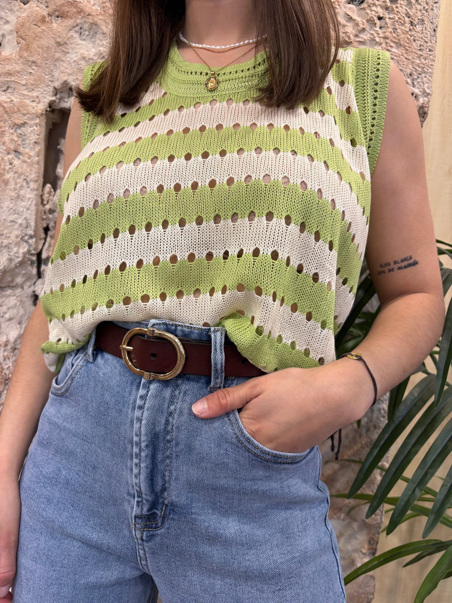 TOP CALADO RAYAS VERDE-BEIGE