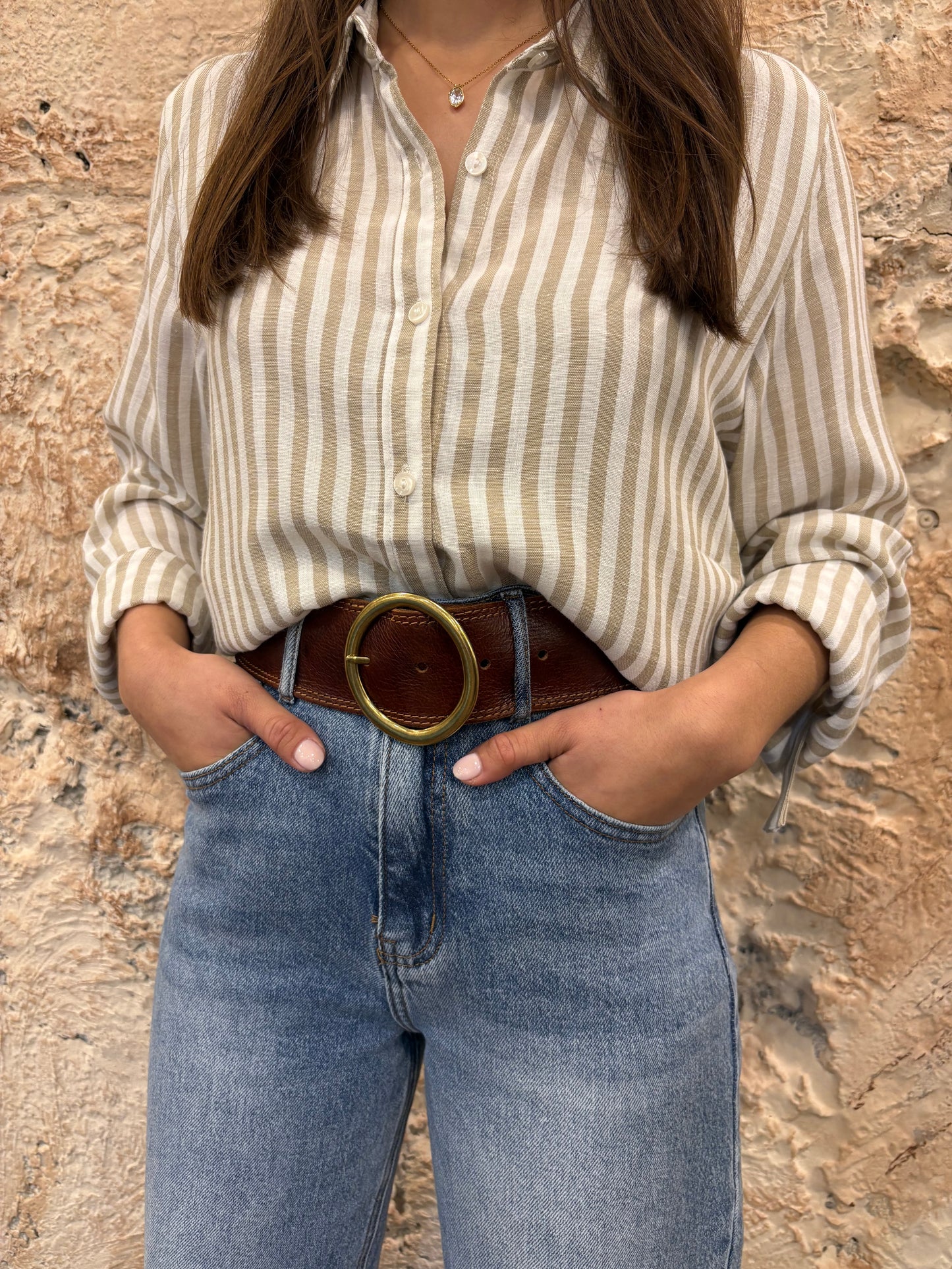 CAMISA FLUIDA RAYAS BEIGE-BLANCO