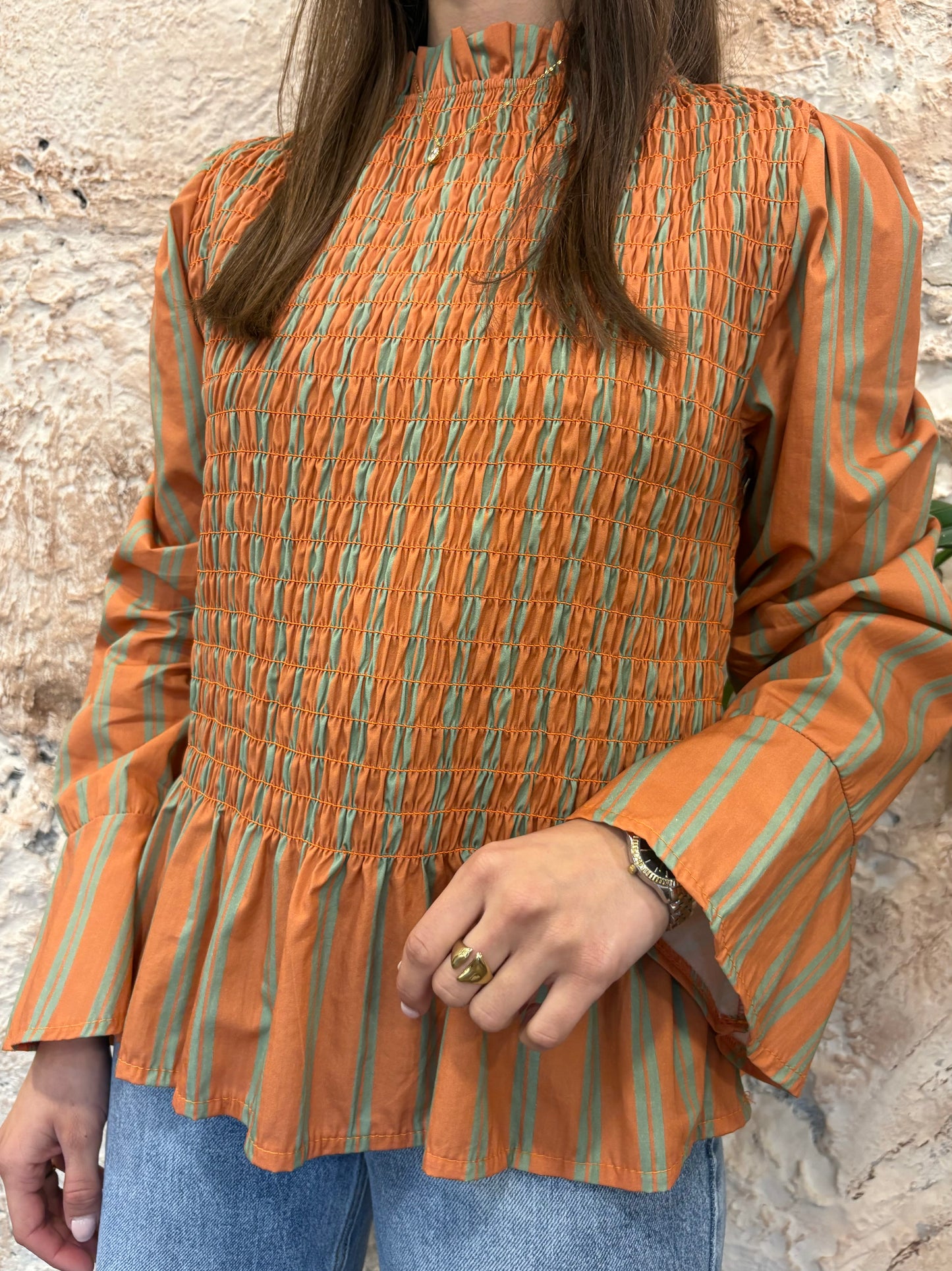 BLUSA PANEL DE ABEJA NARANJA-VERDE