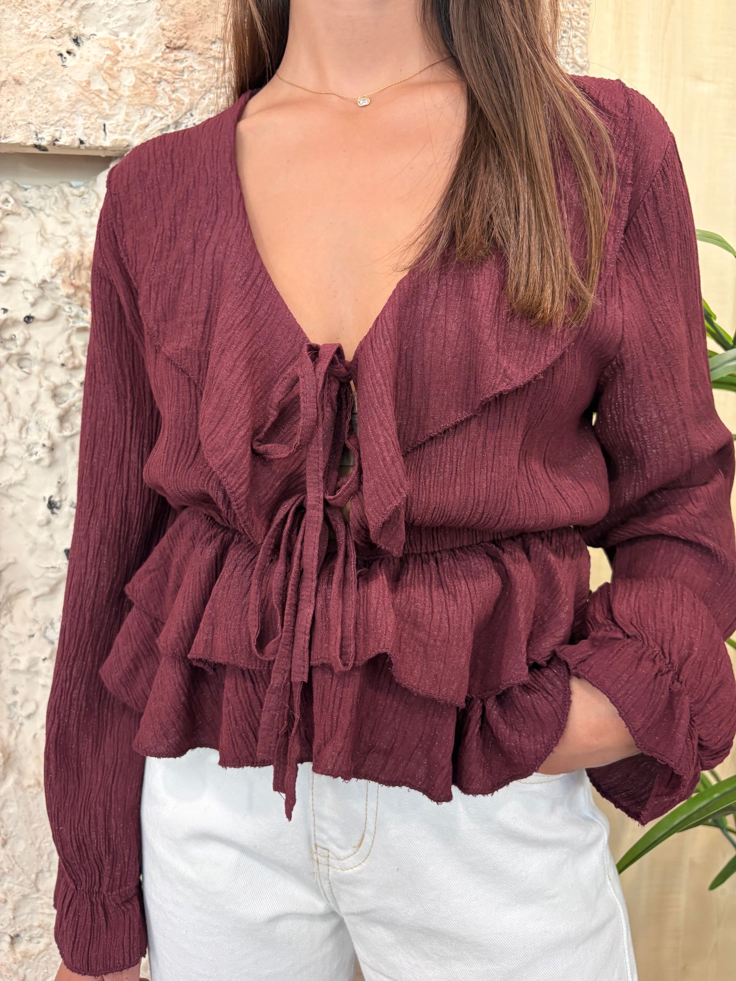 BLUSA BURDEOS LAZADA-VOLANTES