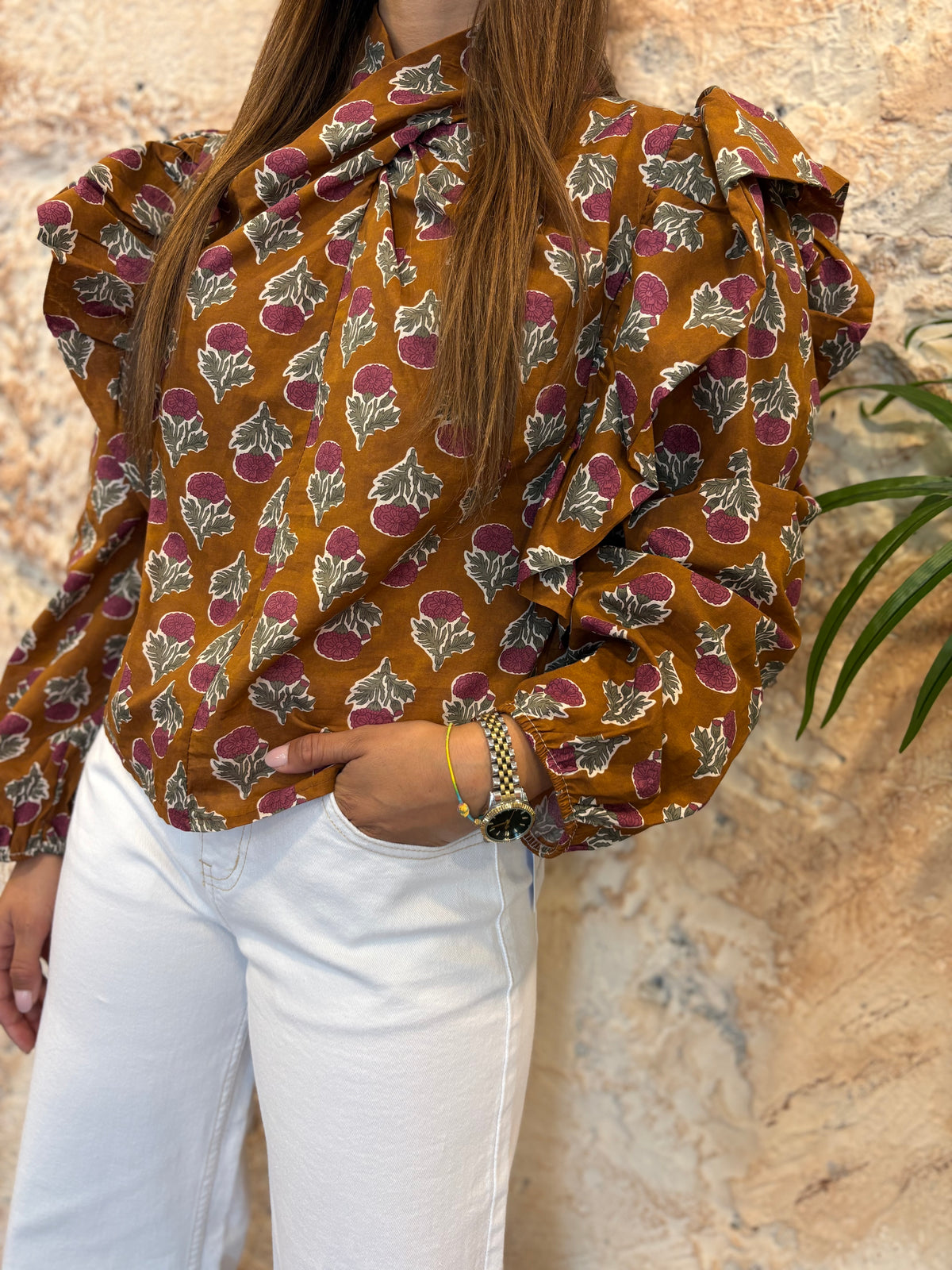 BLUSA CUELLO CRUZADO TEJA ESTAMPADA
