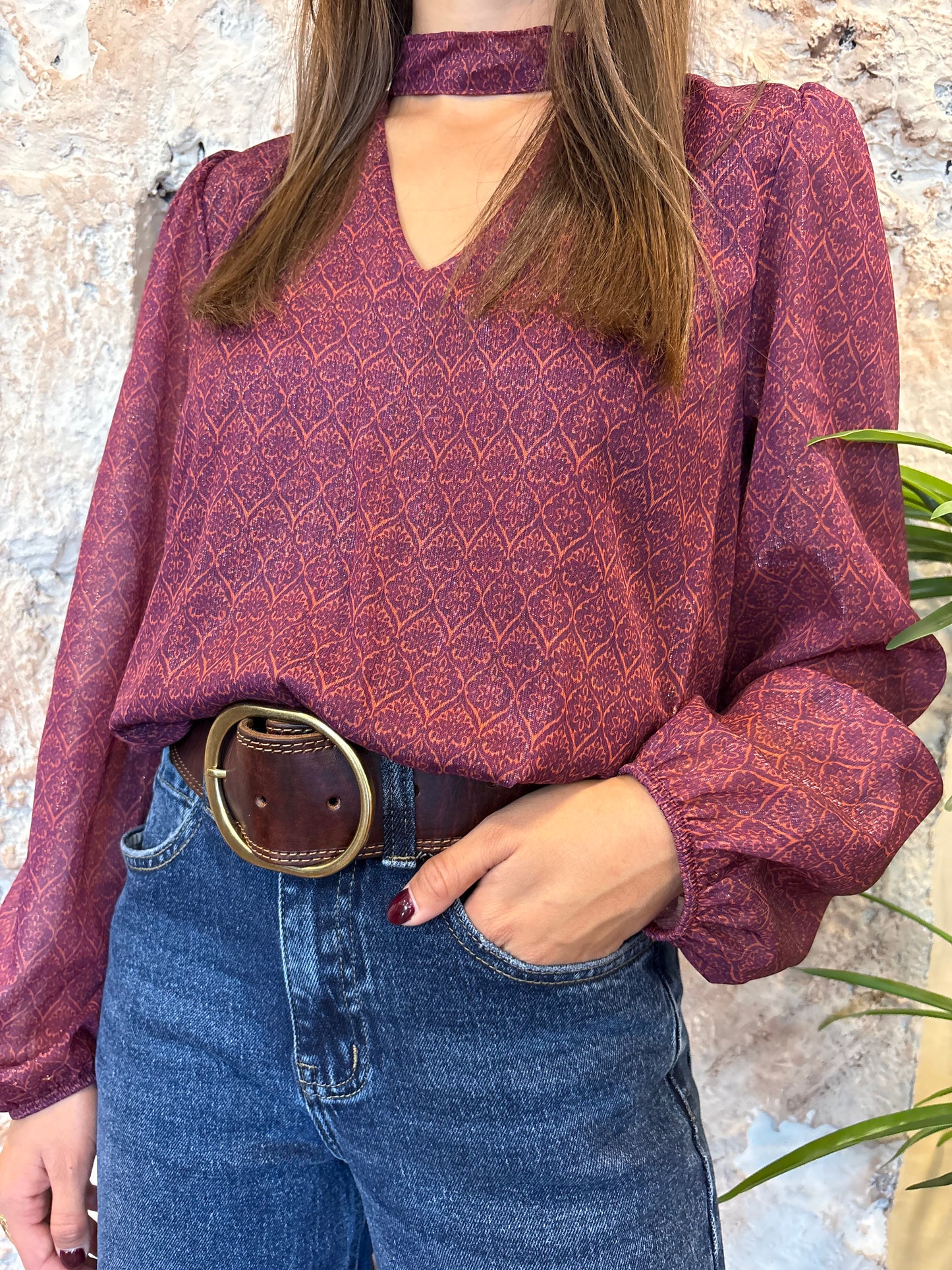 BLUSA CUELLO HALTER ESTAMPADO ROSA-NARANJA