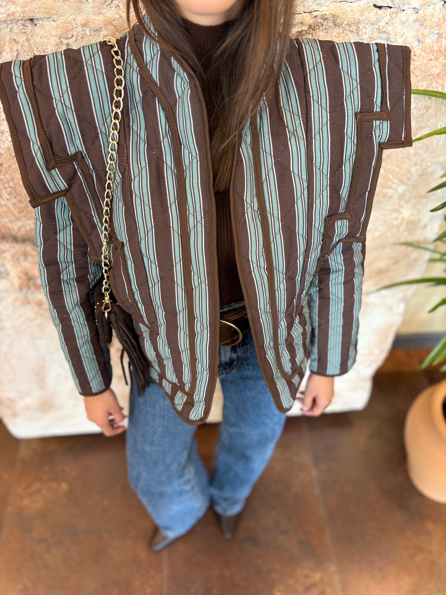 CHAQUETA ESTAMPADO RAYAS MARRÓN-VERDE AGUA