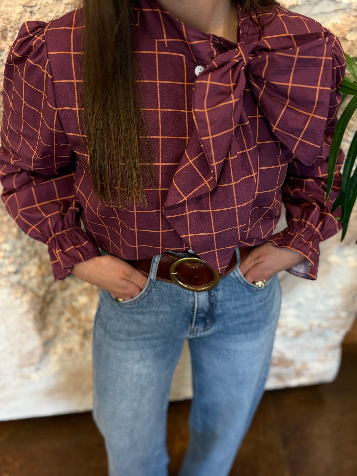 CAMISA LAZADA MORADA CUADROS NARANJA