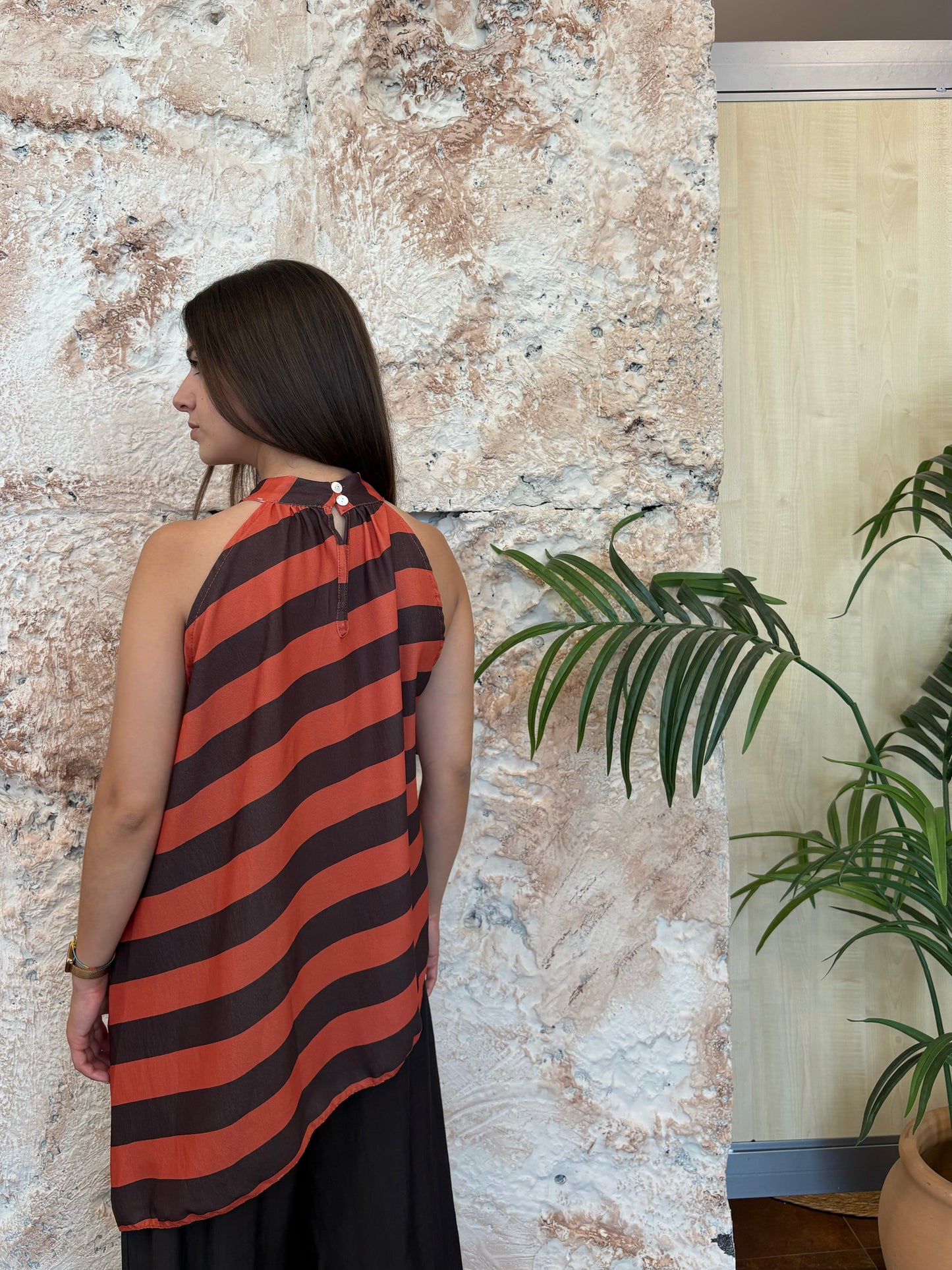 BLUSA CUELLO HALTER RAYAS MARRÓN-NARANJA