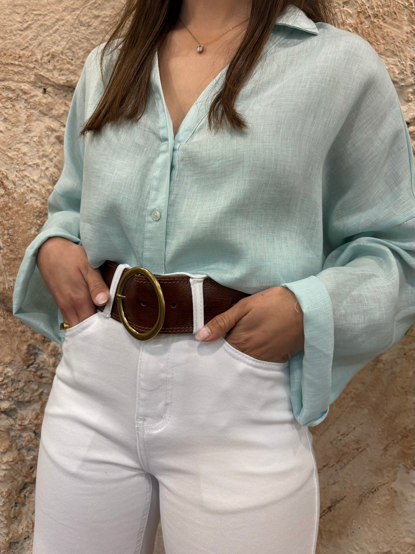 CAMISA OVERSIZE LINO VERDE AGUA