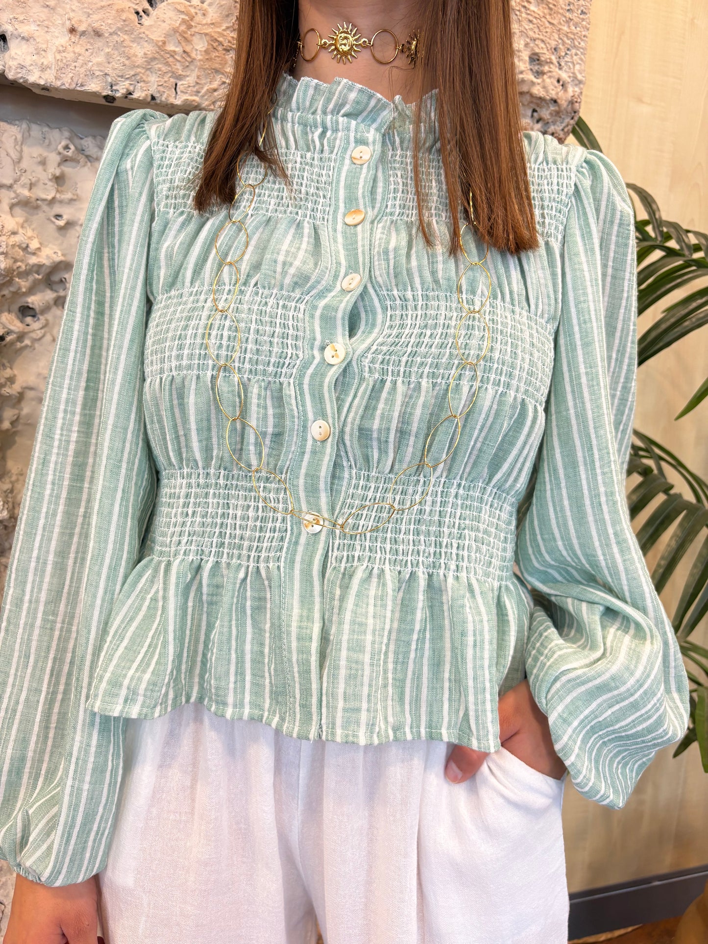 CAMISA PANEL ABEJA VERDE MENTA RAYAS
