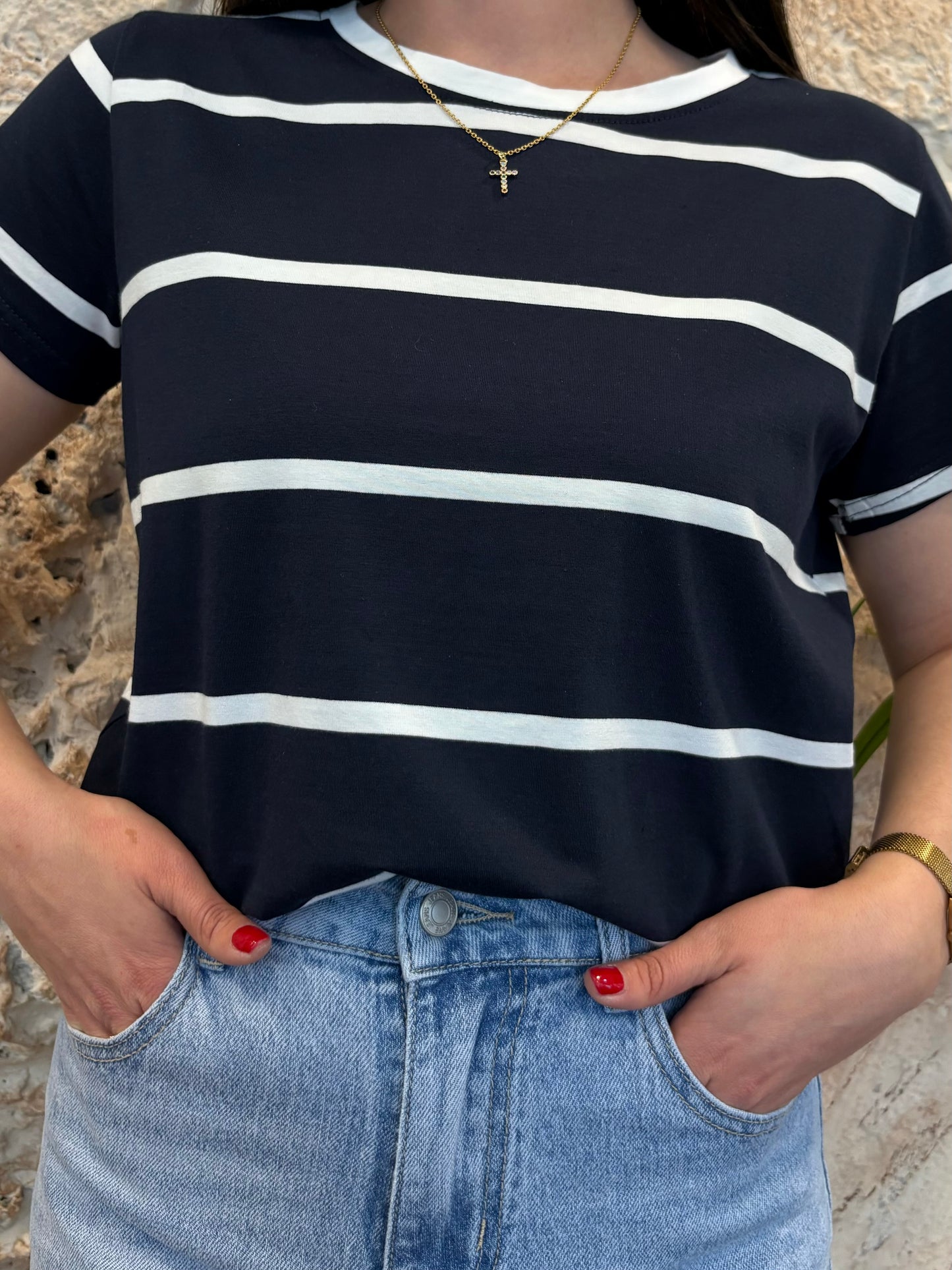 CAMISETA MANGA CORTA MARINO RAYAS BLANCA