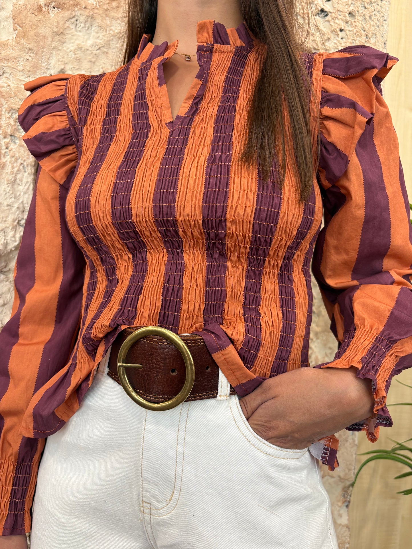 BLUSA CUELLO RIZO PANEL MORADA-NARANJA
