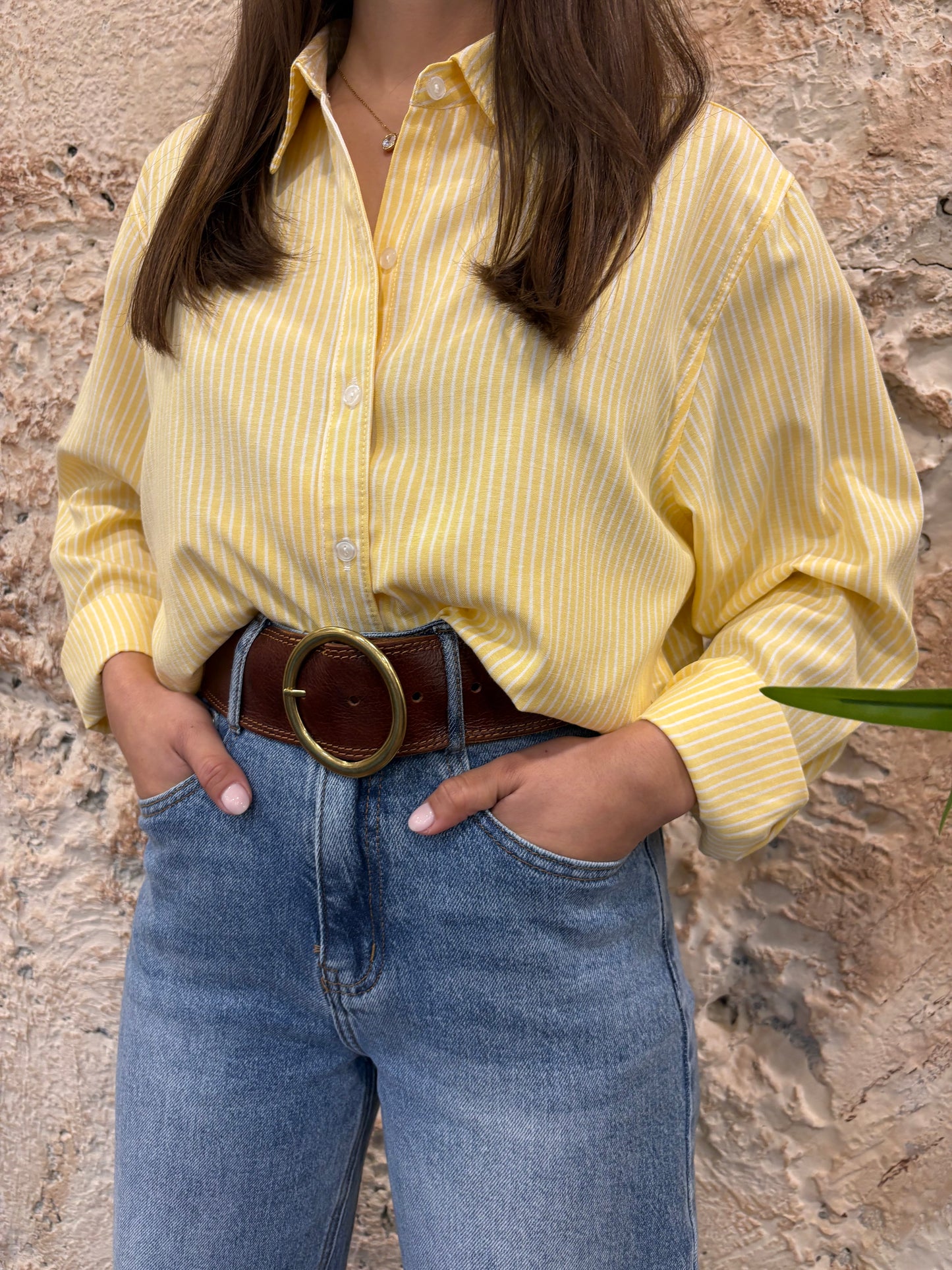 CAMISA OVERSIZE OXFORD RAYAS AMARILLA