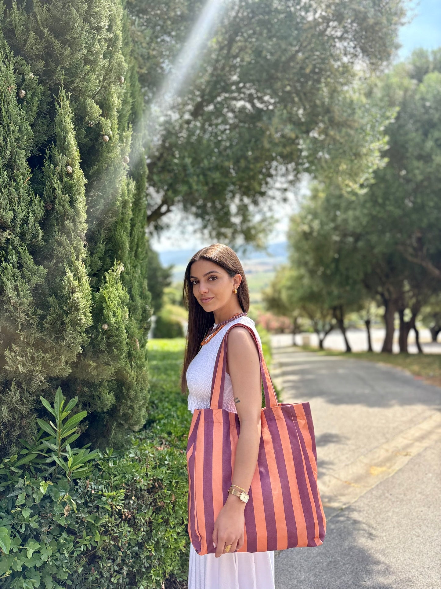 BOLSO SHOPPER TELA RAYAS MORADO-NARANJA