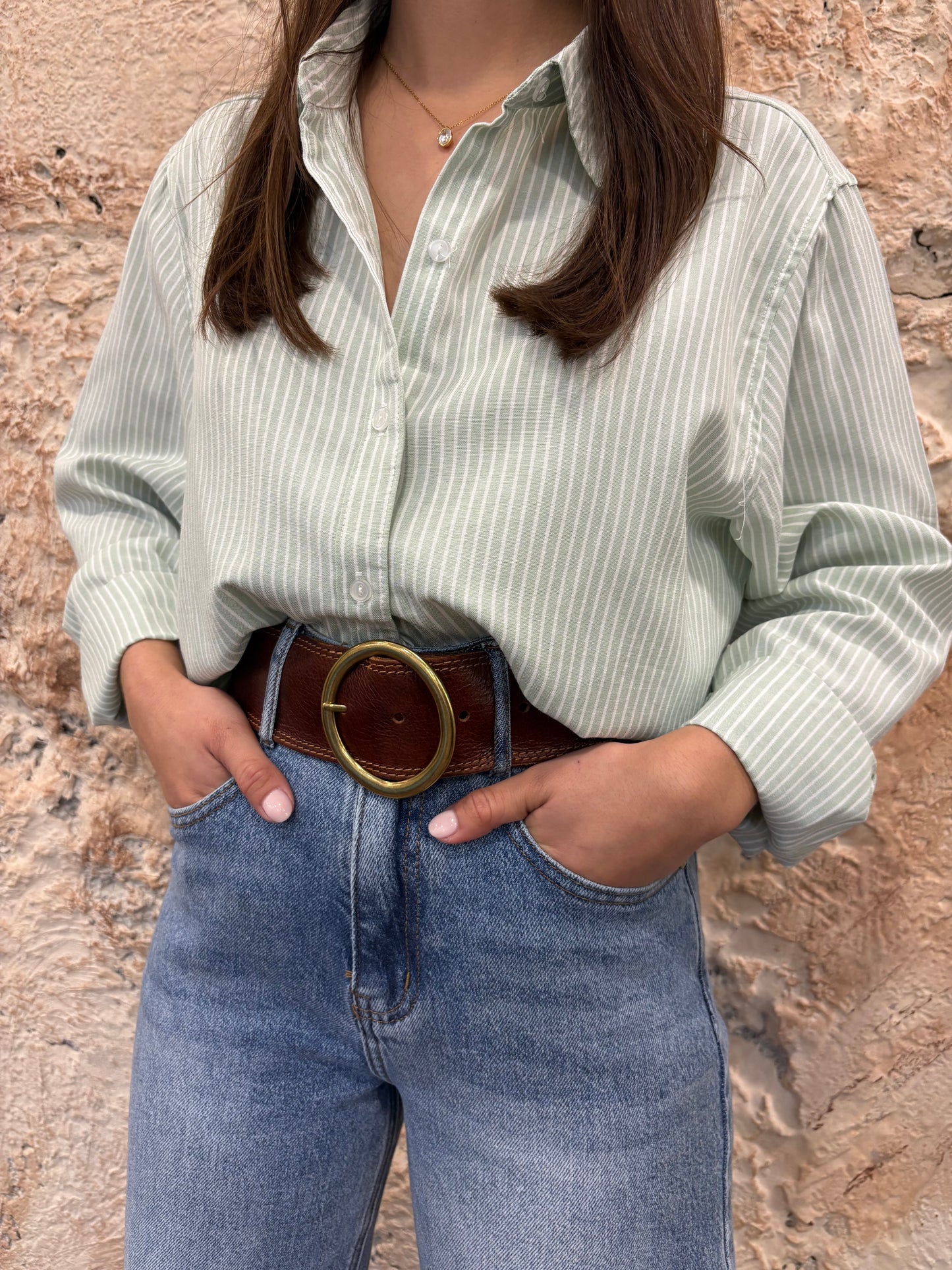 CAMISA OVERSIZE OXFORD RAYAS VERDE