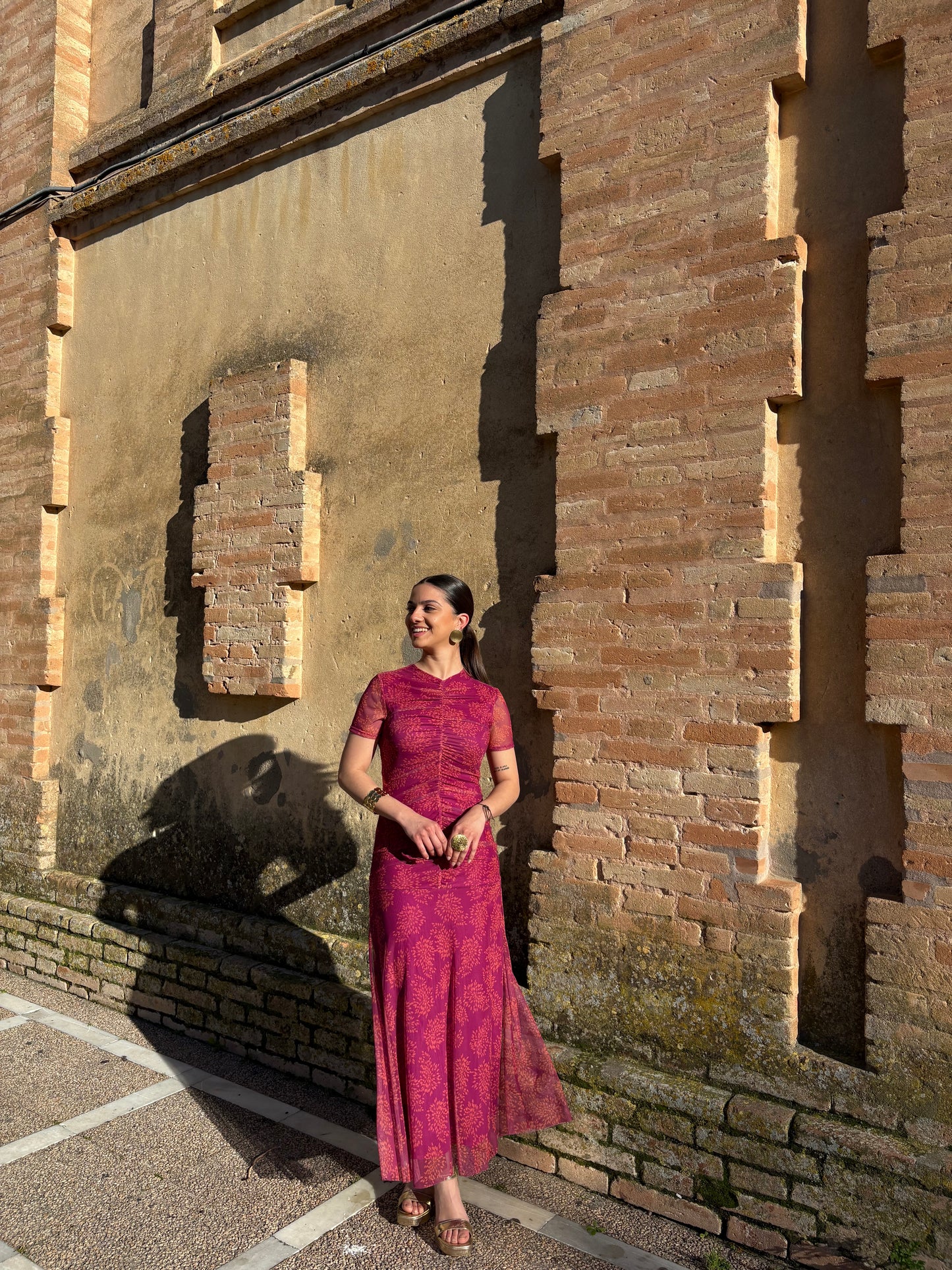 VESTIDO TUL FLORAL ROSA-NARANJA