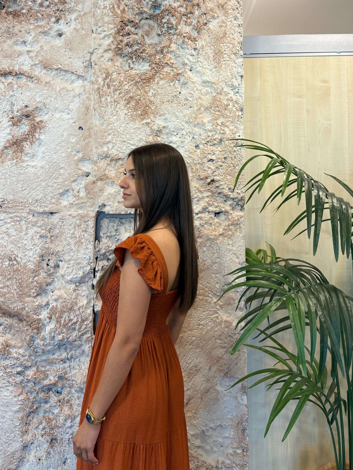 VESTIDO PANEL DE ABEJA TIRANTE VOLANTE TEJA