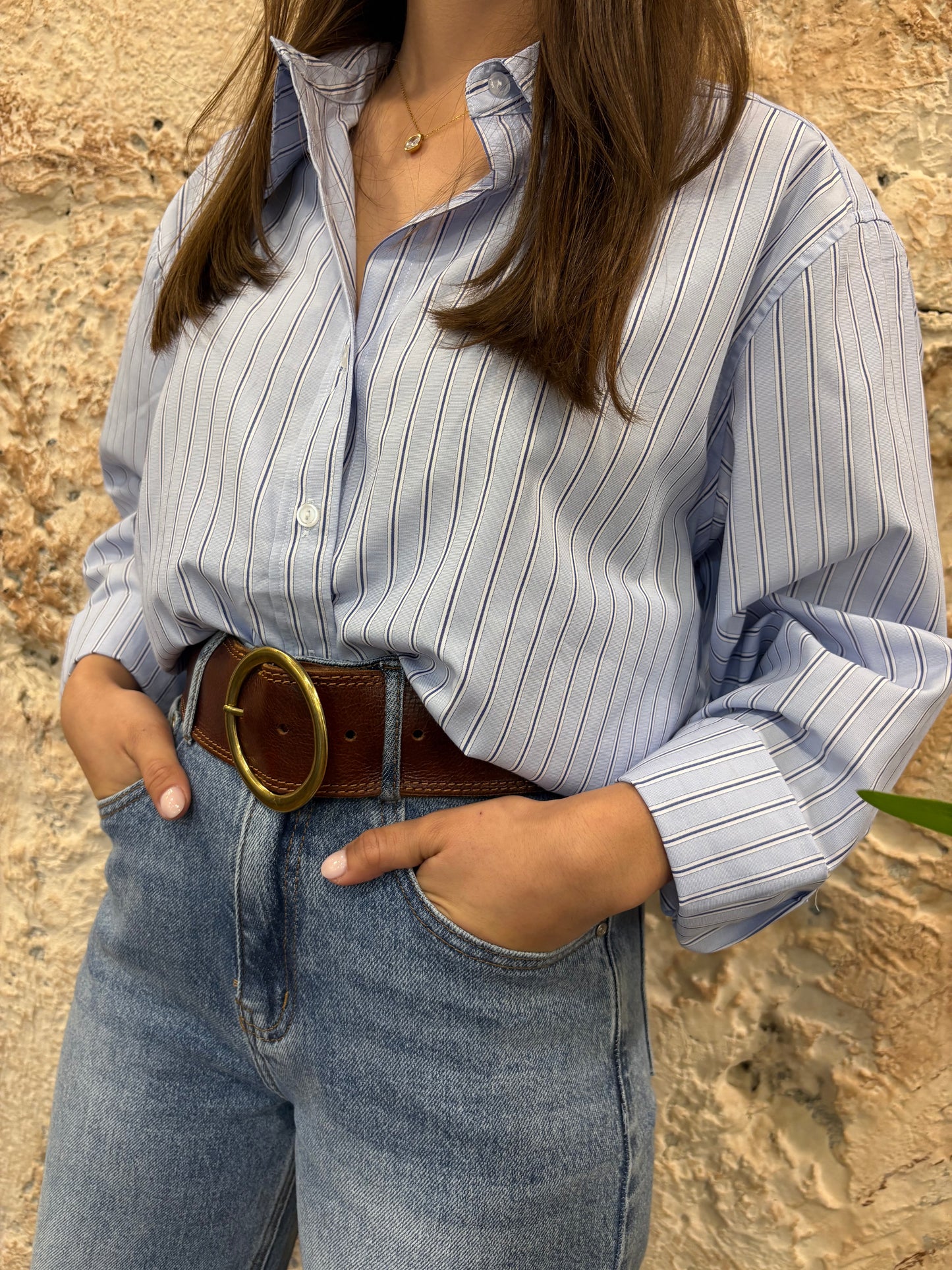 CAMISA OVERSIZE OXFORD RAYAS CELESTE-MARINO