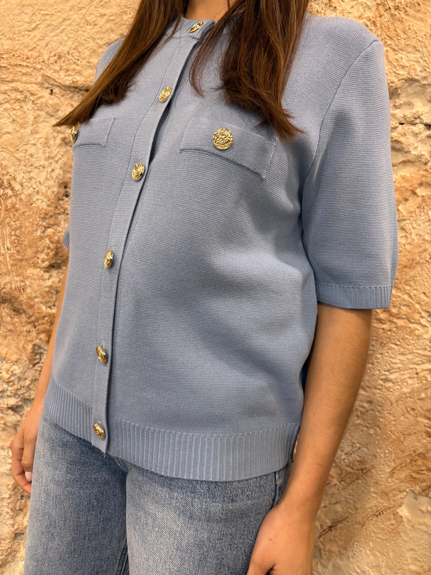 CARDIGAN MANGA CORTA BOLSILLO CELESTE