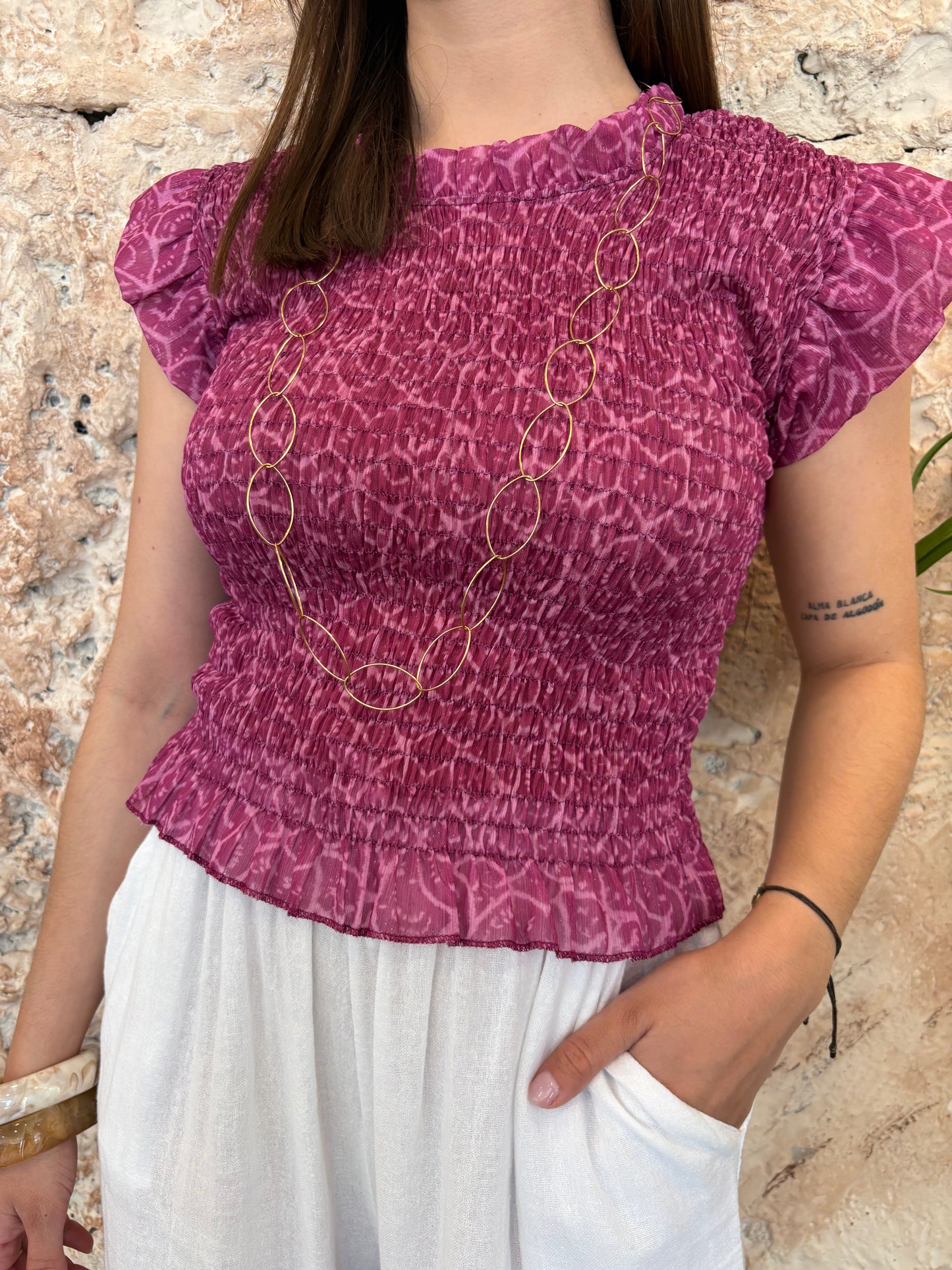BLUSA PANEL DE ABEJA ESTAMPADO BUGANVILLA-MALVA