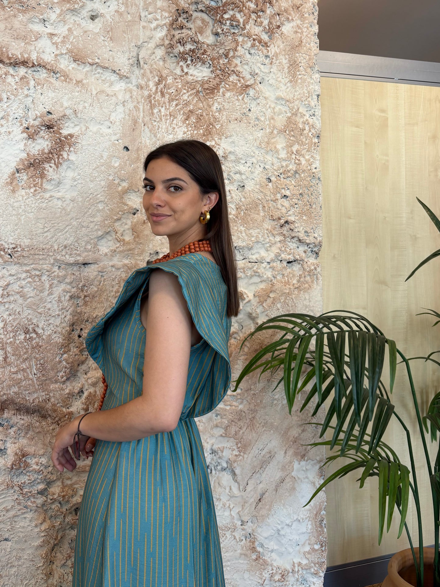 VESTIDO RAYAS VOLANTES TURQUESA-LIMA