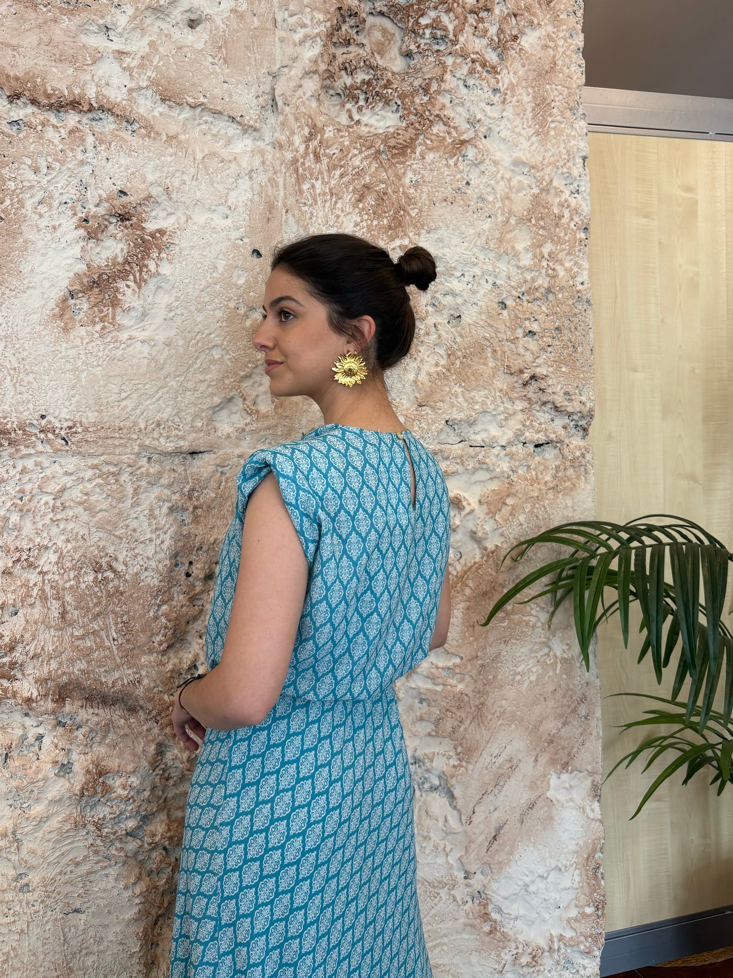VESTIDO HOMBRERAS ESTAMPADO TURQUESA