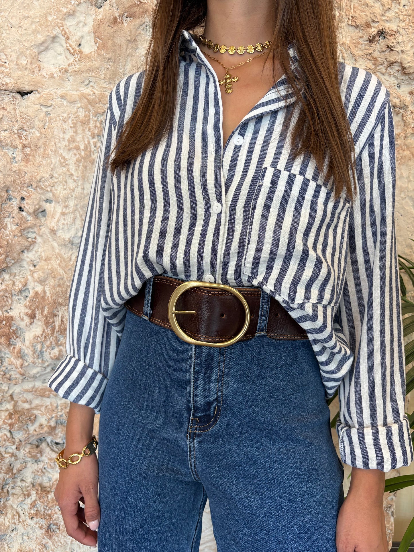 CAMISA RAYAS BEIGE-AZUL