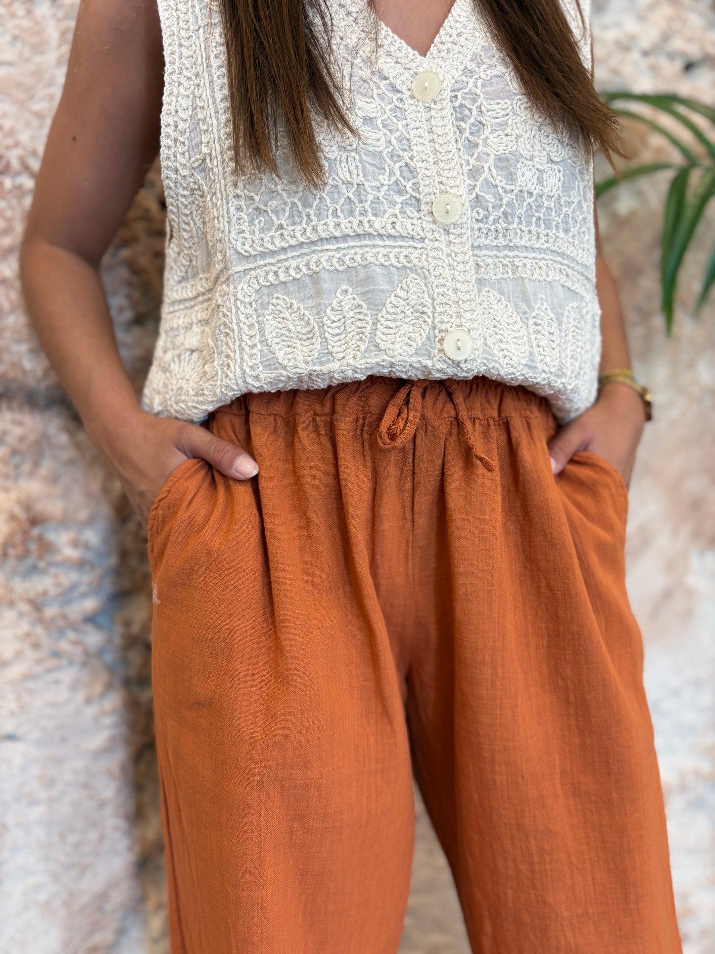 PANTALÓN EFECTO LINO NARANJA