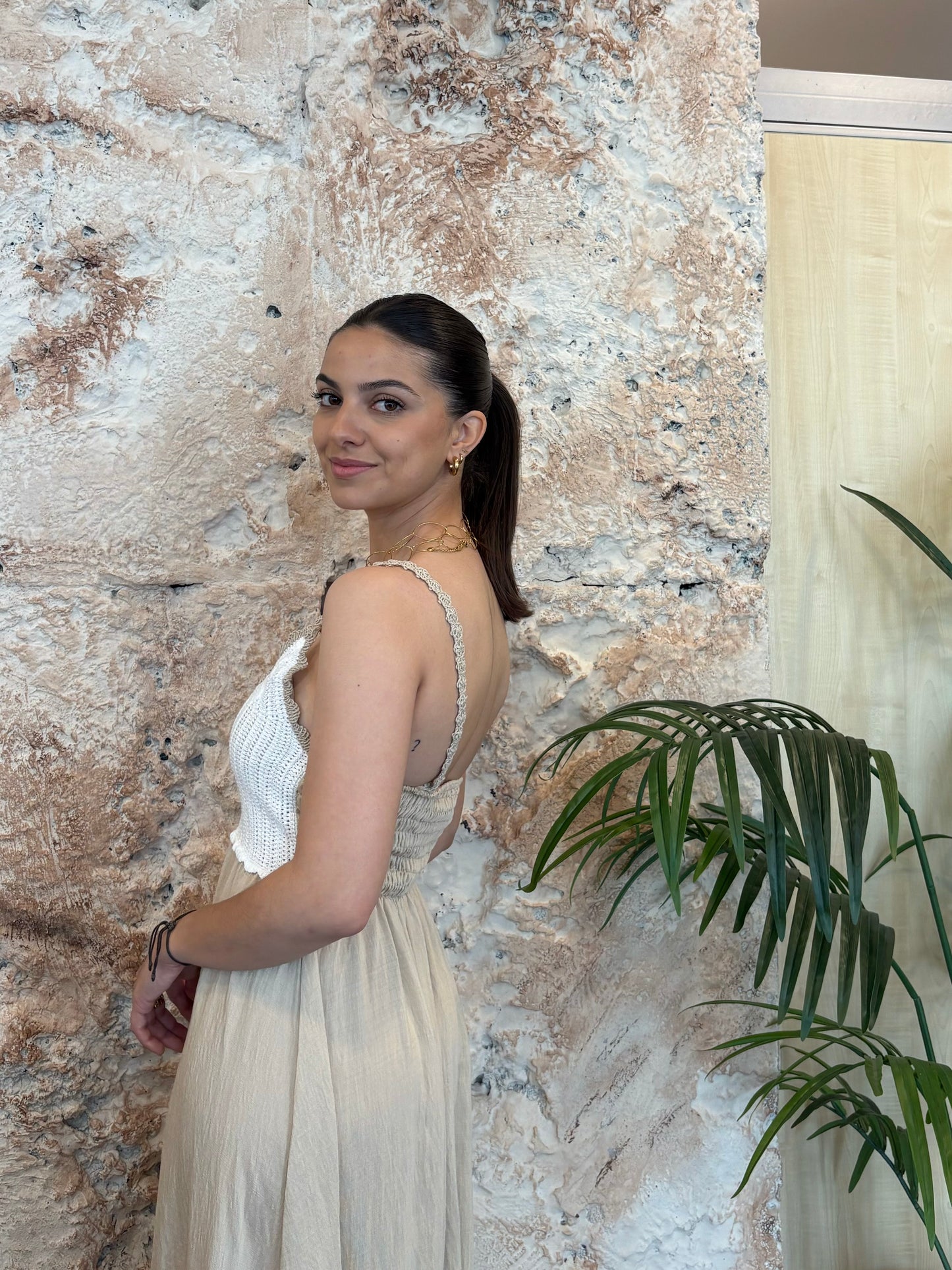 VESTIDO PECHERA CROCHET BEIGE-BLANCO