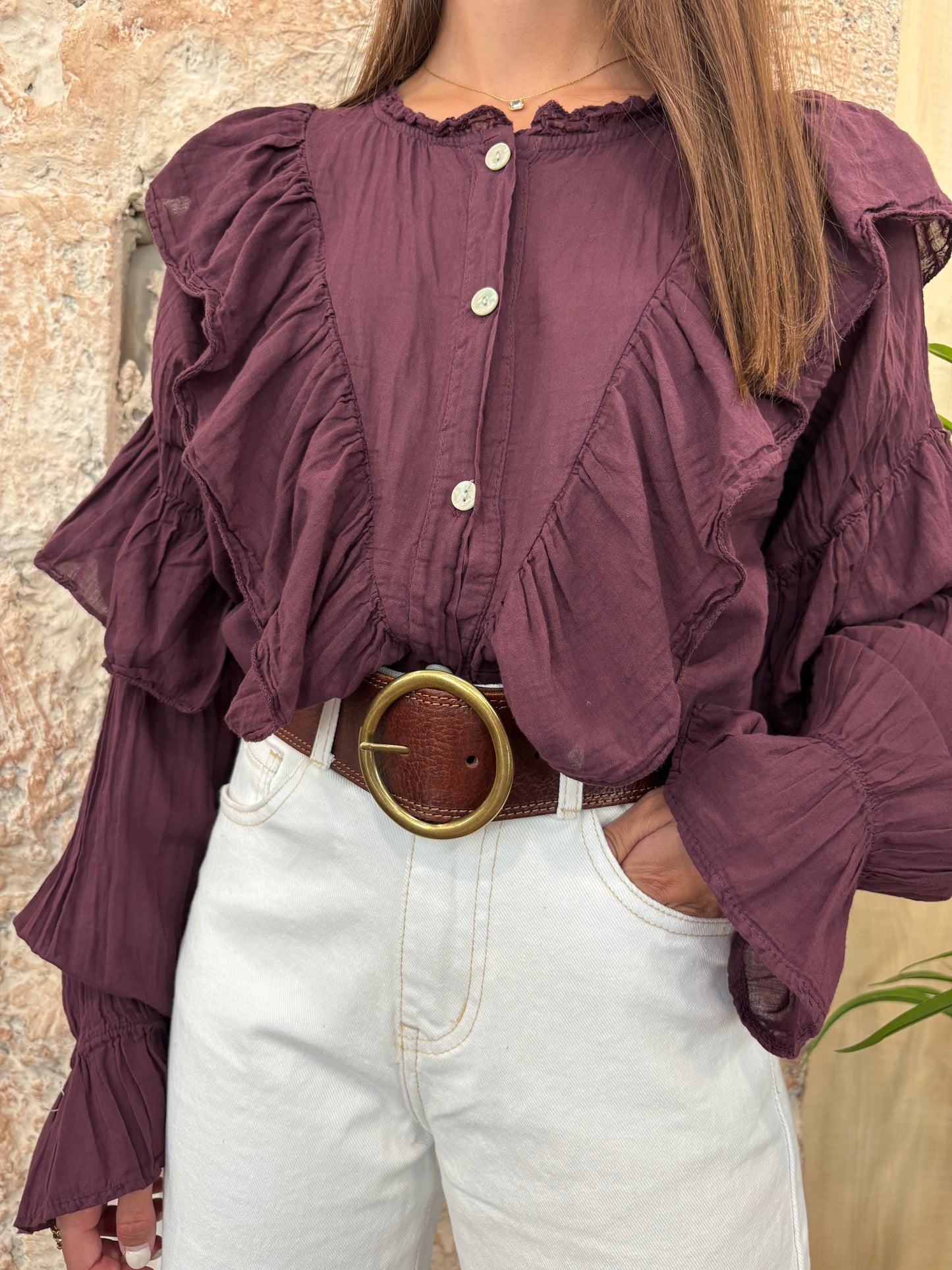CAMISA MORADO FLUIDA VOLANTE CENTRAL