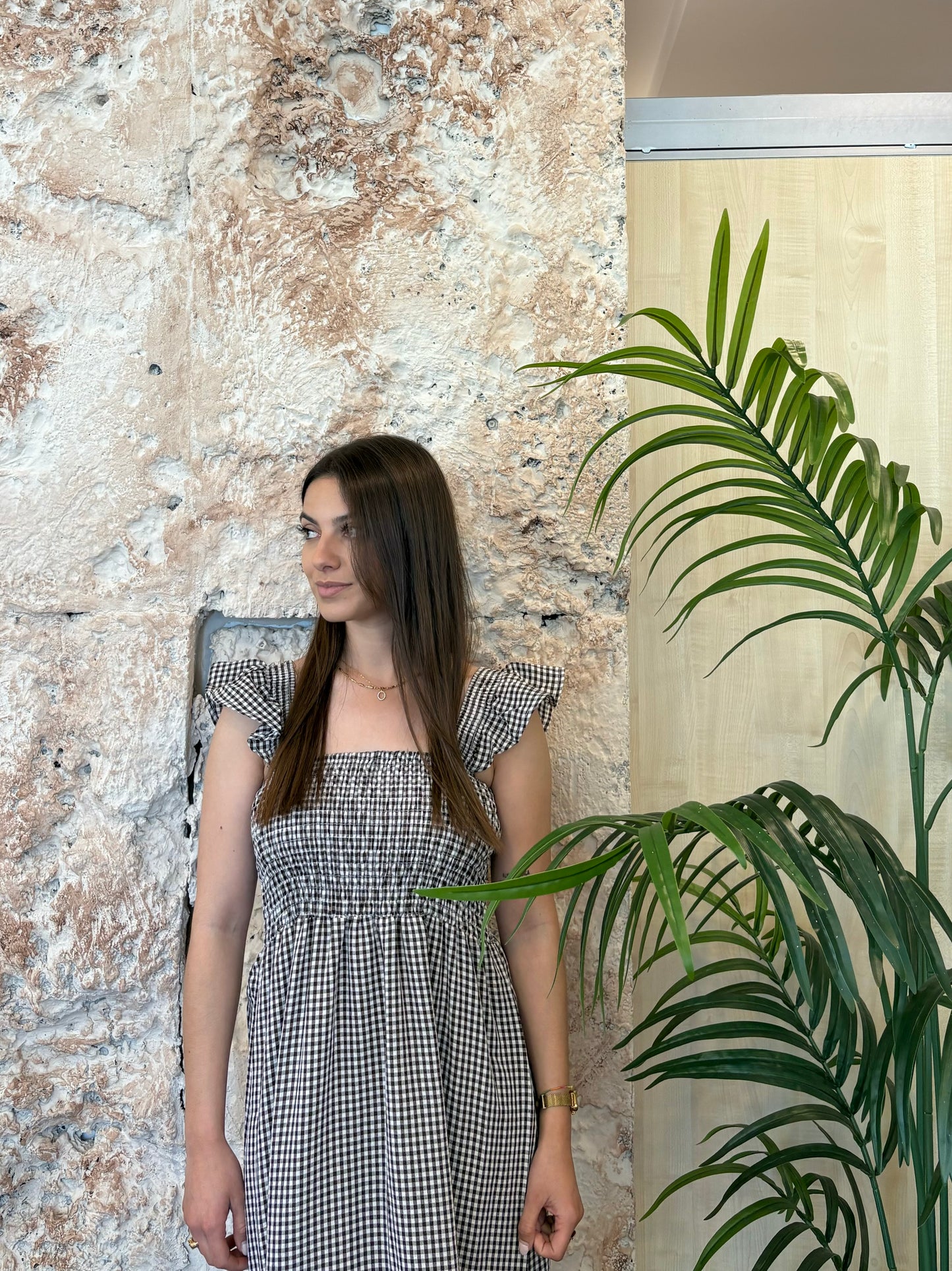 VESTIDO PANEL VICHY MARRÓN