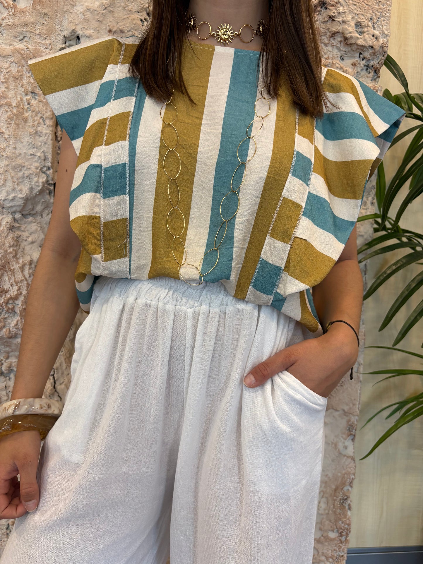 BLUSA VOLANTE MANGA RAYAS TURQUESA-AMARILLO