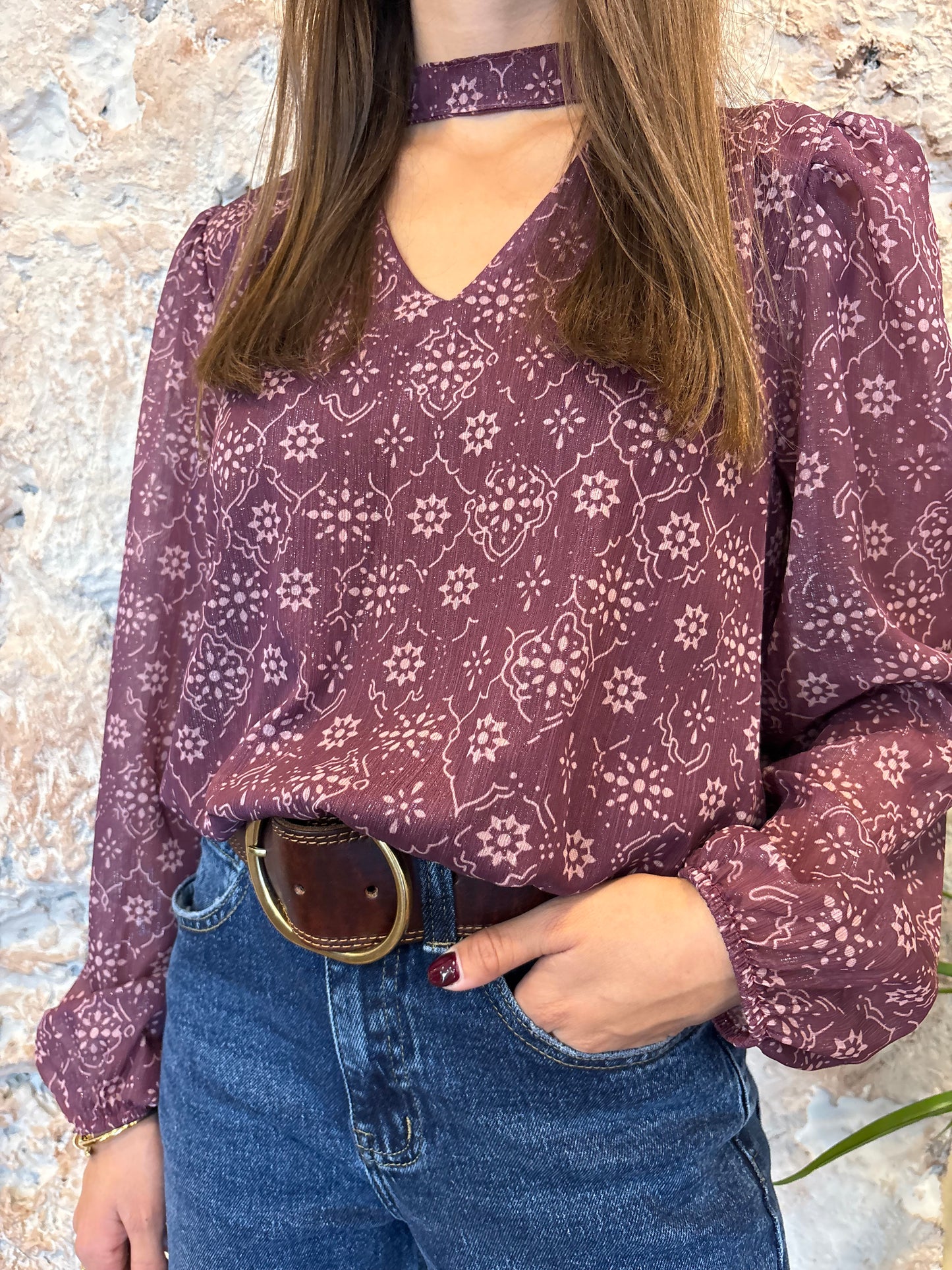 BLUSA CUELLO HALTER ESTAMPADO MORADO-NUDE
